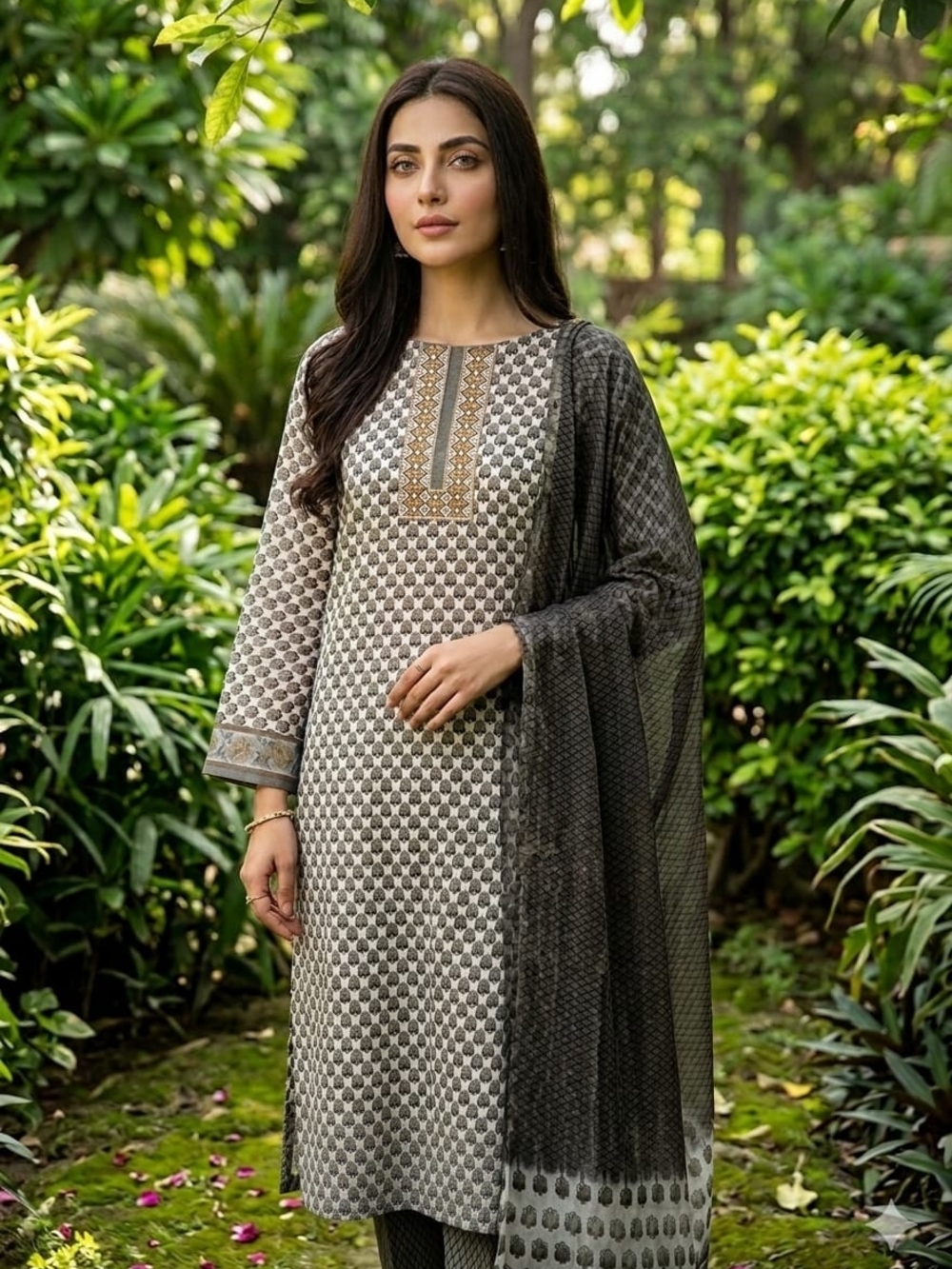 Printed Cream and Charcoal Kurta with Embroidered Yoke